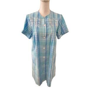 Miss Elaine Seersucker Short Sleeve Nightgown House Dress Blue S
